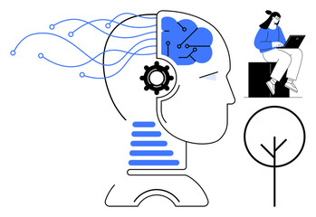 Outlined human head with neural network, gears, and blue waves symbolizing AI. Woman using a laptop, tree for balance. Ideal for AI, tech, innovation, education strategy eco mindset simple flat