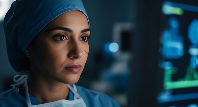 A focused female surgeon in blue scrubs and a surgical cap looks intently at a medical monitor displaying vital signs.