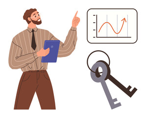 Man in formal attire pointing at growth chart, holding clipboard, and next to keys. Ideal for concepts thumbs up business strategy, success, leadership, progress, solutions guidance career. Simple