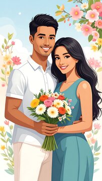 A couple embraces with flowers.  Smiling, happy