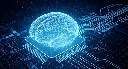 Glowing Blue Circuit Brain on Microchip AI Machine Learning and Digital Intelligence Concept.