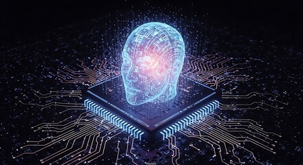 Glowing AI Head on Circuit Board Futuristic Technology Concept.