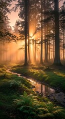 Mystical sunrise filtering through a misty forest scene enhancing the ethereal and peaceful