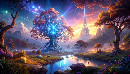 Fototapeta premium A breathtakingly vibrant fantasy landscape, featuring a magnificent tree with luminous connections, a serene river, and an enchanting ancient structure, bathed in the soft light of dawn.