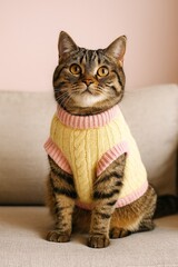 Adorable tabby cat wearing colorful knitted sweater sitting on sofa