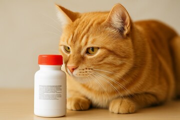 Curious ginger cat sniffing veterinary pill bottle in home interior