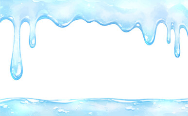 水彩の滴る水色の液体フレーム