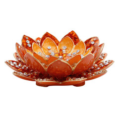 Orange lotus-shaped trinket box adorned with sparkling crystals and gold accents. background removed