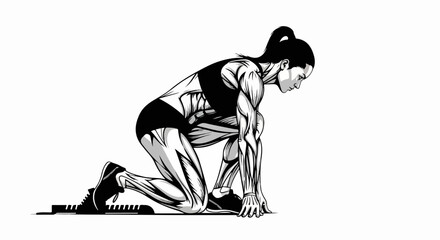 Fototapeta premium Female Sprinter in Starting Blocks. Athletic Woman Ready to Race. Dynamic Black and White Illustration