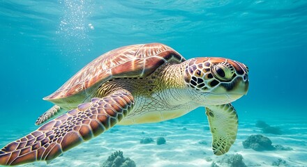 Fototapeta premium Sea turtle gracefully swimming underwater in the ocean with bright turquoise water surrounding it