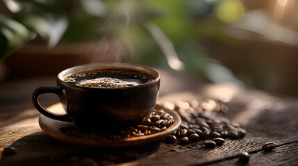 Steaming cup of black coffee with coffee beans on rustic wooden table