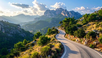 Naklejka premium A winding mountain road snakes through a lush valley, bathed in golden sunlight, showcasing a picturesque landscape of towering peaks and verdant hills.