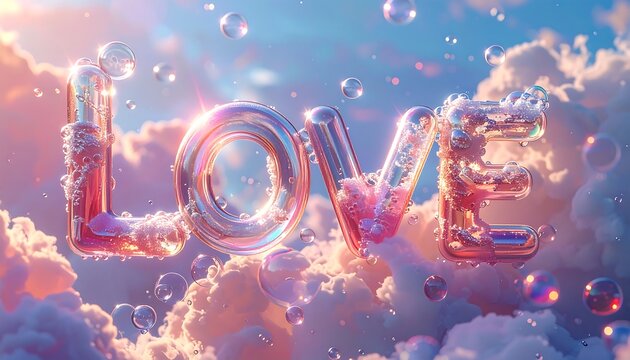 Floating, iridescent letters spelling out "love" against a soft, pastel sky filled with clouds and bubbles create a dreamy, romantic mood. - Powered by Adobe
