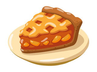 Slice of apple pie on plate. Thanksgiving menu. Fall time food.Cartoon vector illustration on white background. 