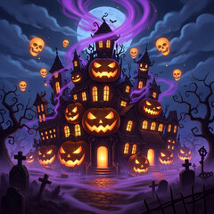 Halloween Pumpkin Island Spooky Glowing Haunted Castle with Skulls