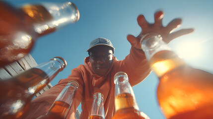 Young man reaching for beer bottle in cooler on sunny day