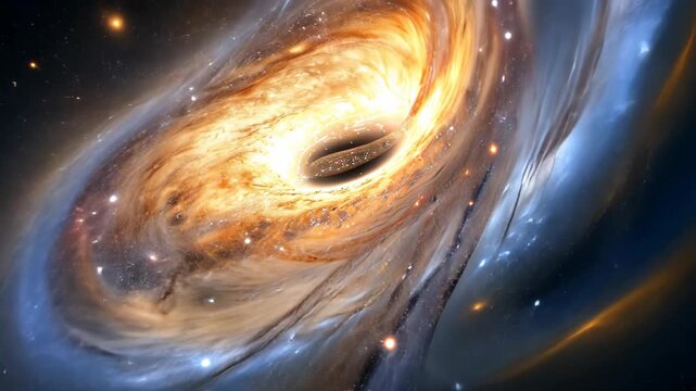 Celestial Majesty: A black hole, an immense cosmic entity, showcases its captivating gravity through intricate formations. The scene unfolds in a vast expanse of stars.
