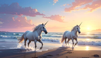 Two Magnificent Unicorns Gallop Along