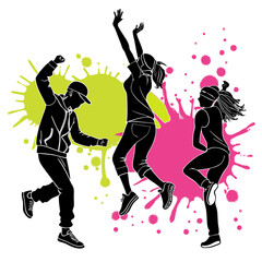 Three silhouettes dance against splattered paint. Their poses suggest movement and exuberance, perfect for illustrating an article on dance or creative expression.

