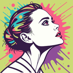 Digital art depicts a woman looking up with colorful splashes in the background. This may indicate use of generative AI tools for content creation.

