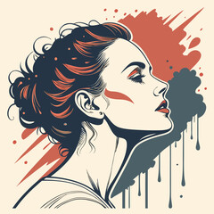 Stylized drawing of a woman's profile in front of splashes of color, with retro-style lines. The image is similar to others on the page, likely AI-generated content.

