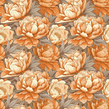Floral pattern with orange peonies and green leaves on beige background  seamless peones , pale colors, detailed crosshatching, subtle realism, light orange and light 