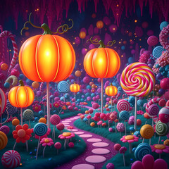 Enchanting Candy Land Path Lined with Giant Pumpkins and Swirl Lollipops Under a Mystical Evening Sky
