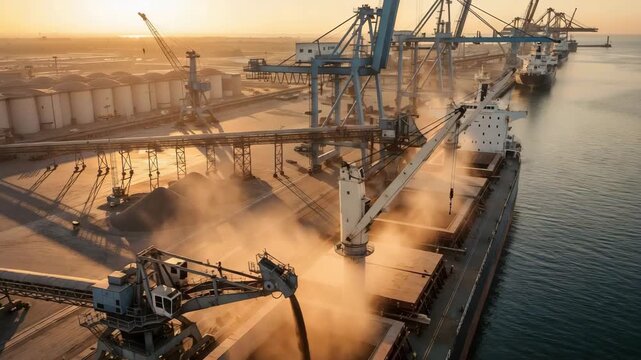 Port handling of bulk cargo: a ship loader with a conveyor fills the hold of a bulk carrier, a dust plume in a warm sunset and reflections on the water. Cargo terminal.
