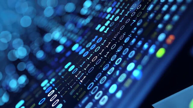 Digital Data Stream: Immerse yourself in the vibrant world of digital data. A captivating close-up reveals a dynamic flow of binary code, illuminated with cool blue hues.