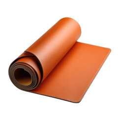 Rolled orange leather desk mat, stitched edges, elegant and practical office accessory. background removed