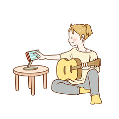 タブレットで楽譜を見ながらギターを練習する女子