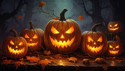 A collection of spooky jack-o'-lanterns, illuminated and gleaming, in a dark autumnal forest setting.  Their carved faces radiate an eerie glow.