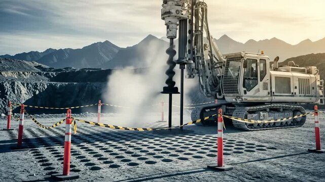 Drilling rig on a bench: a grid of boreholes, warning tape and light dust against the backdrop of mountains. Preparing the quarry for blasting operations.