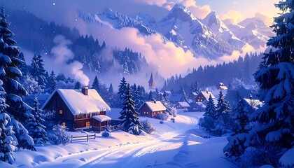 Snowy mountain village at dawn