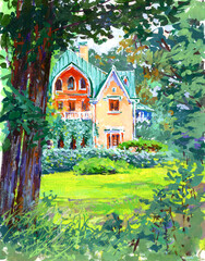 Watercolor gouache illustration of landscape with cottage palace