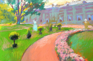 Pastel illustration of landscape with palace and park