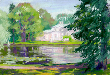 Pastel illustration of landscape with  palace on the lake shore