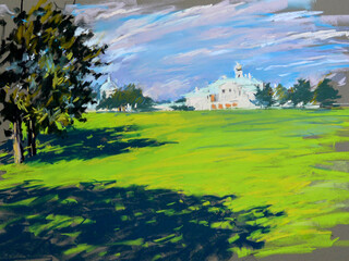 Pastel illustration of landscape with palace and park
