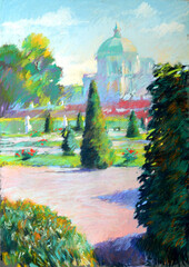 Pastel illustration of landscape with palace and park