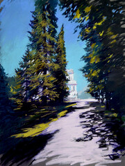 Pastel illustration of park landscape with palace, royal residence.