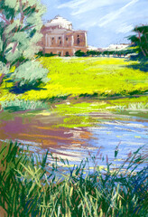 Pastel illustration of landscape with  palace on the lake shore