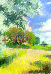 Pastel illustration of landscape with palace and park