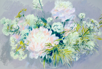 Pastel illustration of peony flowers bouquet.