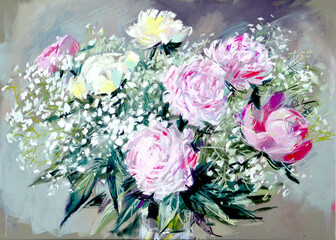 Pastel illustration of peony flowers bouquet.