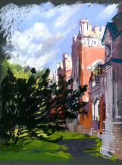 Pastel illustration of landscape with palace stables