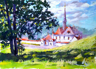 Gouache illustration of landscape with Prioratsky palace