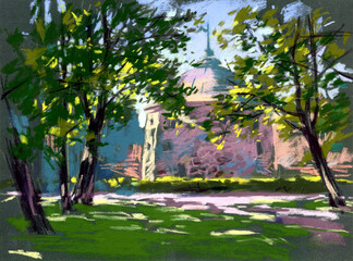 Pastel illustration of landscape with old medieval  Round Tower