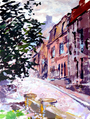 Pastel illustration of landscape of old town street