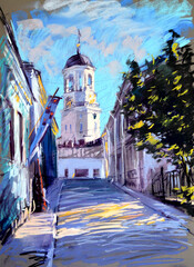Pastel illustration of landscape of old town street with clock towel