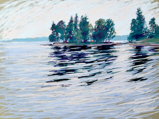  Pastel illustration of landscape with lake and trees, reflection